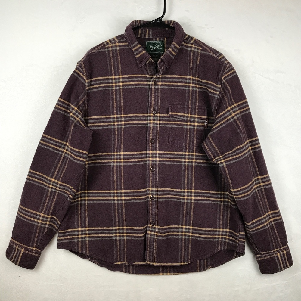 Woolrich Mens Heavy Button Up Shirt Sz XL Maroon Plaid Cotton Twill Long Sleeve
